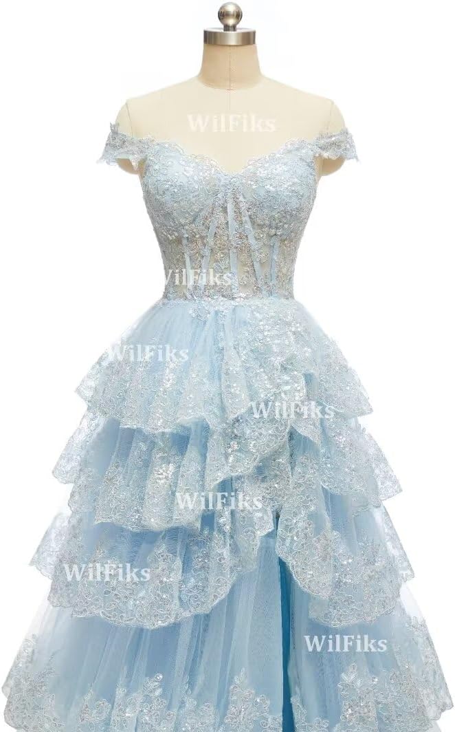 Off Shoulder Tiered Lace Prom Dresses 2025 Long Ball Gowns for Women Formal Sparkly Sequin Corset Evening Gown with Slit