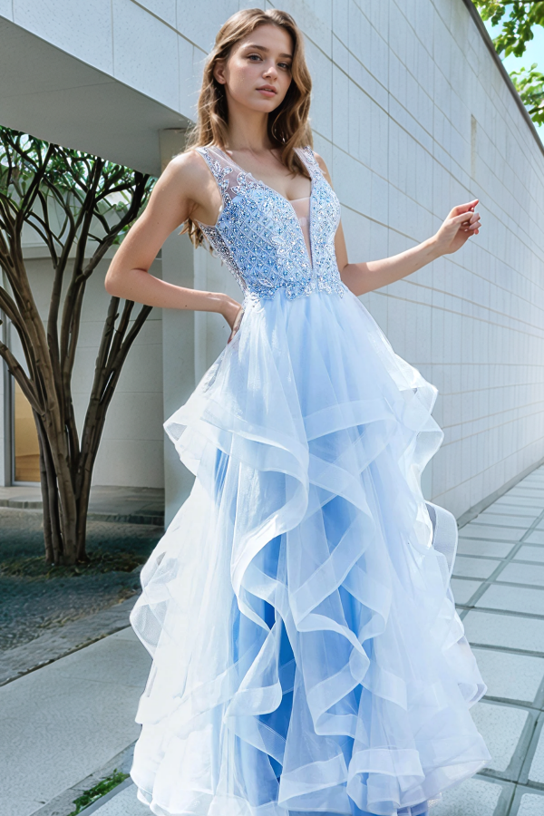 Glamorous & Glitter A-Line Low V Neck Straps Appliques Tulle Tiered Prom Dresses Party Dress Open Back Floor Length Evening Formal Gown Wedding Guest Dress