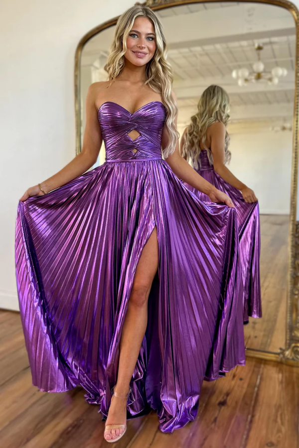 Gorgeous & Casual A-Line Strapless Sleeveless Party Prom Dresses Dress Pleated Floor Length High Side Slit Evening Gown