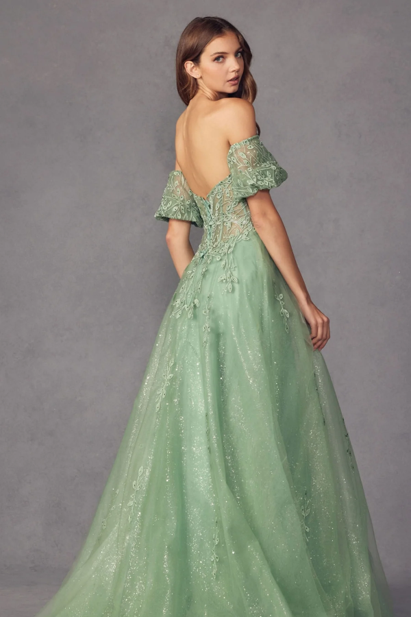 A-Line Off Shoulder Short Lantern Sleeves Appliques Prom Dresses Party Dress Glitter Tulle Formal Evening Dress Wedding Guest Gown