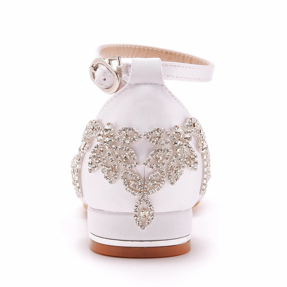 White Satin Rhinestone Flowers Pointed Toe Chunky Heels