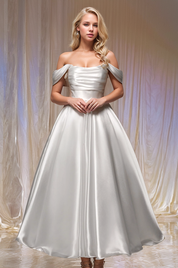 Simple & Casual A-Line Off Shoulder Sleeveless Pleated Ruched Lace Up Ankle Length Wedding Dress Bride Gown