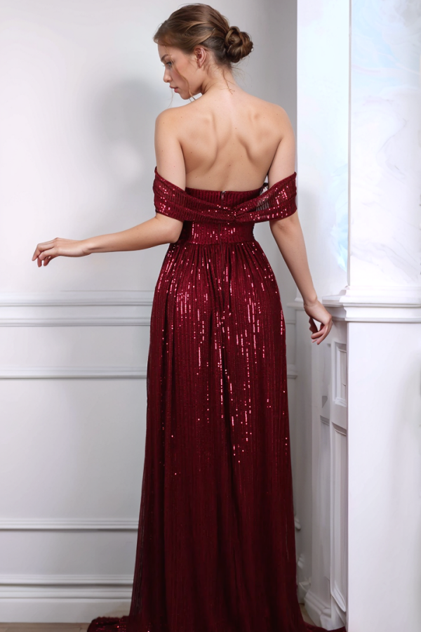 Glitter & Sparkly A-Line Detachable Off Shoulder Sleeveless Fully Sequins Prom Dresses Party Dress High Side Slit and Train Back Zipper Formal Evening Gown