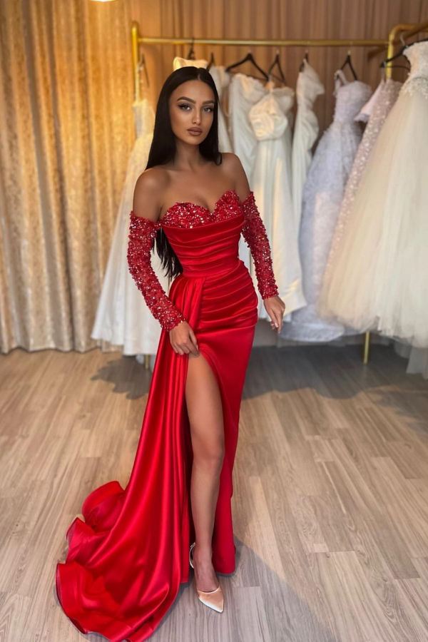 Sexy Sheath Off Shoulder Long Sleeveless Floor Length Formal Prom Dresses Dress Red Sequins Pleated High Side Slit Evening Party Gown Wedding Guest Dress