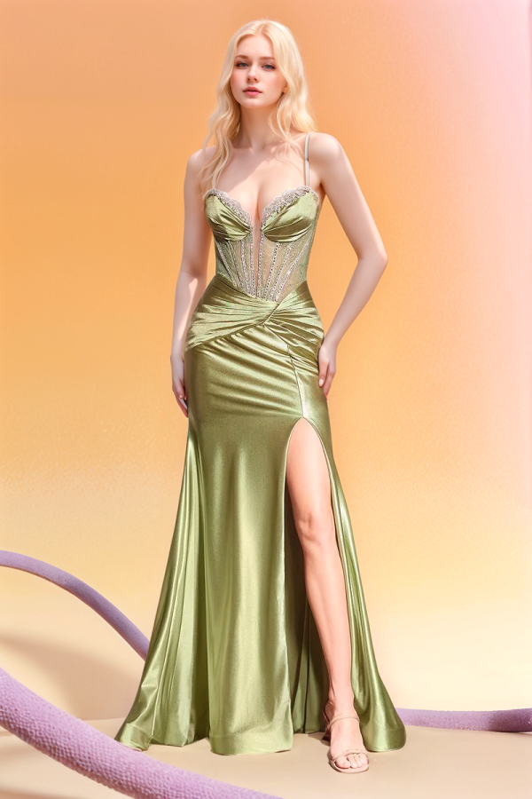 Glitter Sheath Strapless Spaghetti Straps Crystal Beaded Prom Dresses Party Dress Pleated High Side Slit and Train Evening Party Gown