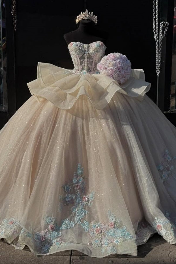 Glitter Ball Gown Strapless Sleeveless Tiered 3D Colorful Flowers Appliques Lace Up Champagne Tulle Quinceanera Dress Birthday Party Gown for Sweet 16