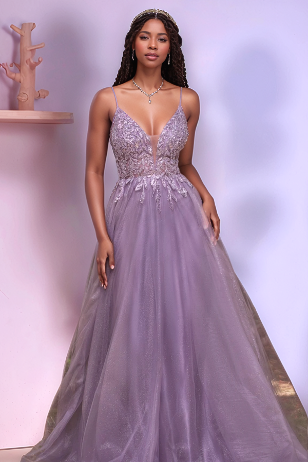 Elegant A-Line V Neck Spaghetti Straps Sleeveless Appliques Prom Dresses Party Gown Backless Glitter Tulle Evening Formal Gown Wedding Guest Dress