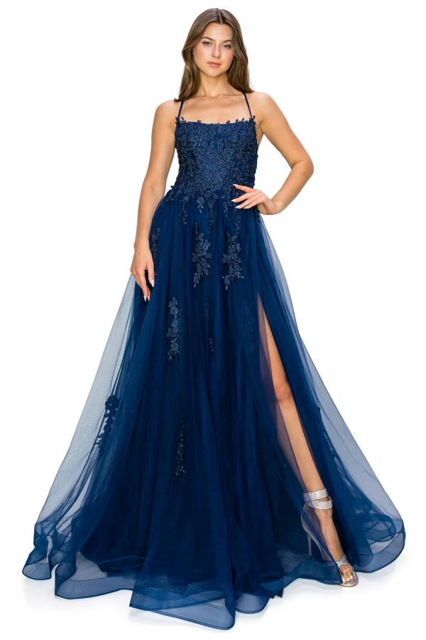 Gorgeous A-Line Square Spaghetti Straps Sleeveless Appliques Formal Prom Dresses Dress Criss Cross Straps High Side Slit Evening Party Gown Wedding Guest Dress