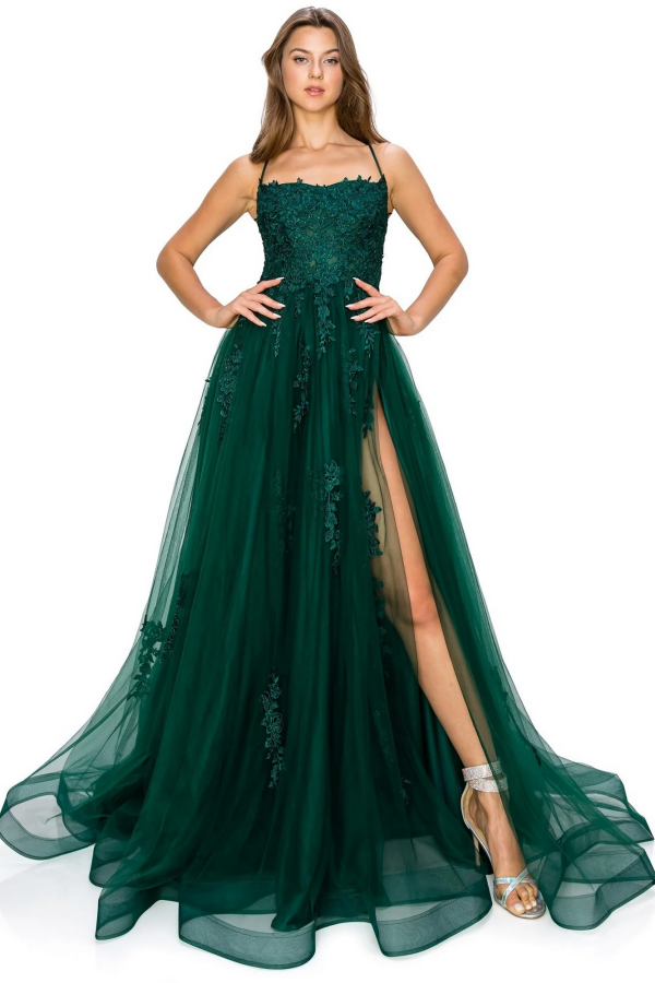 Gorgeous A-Line Square Spaghetti Straps Sleeveless Appliques Formal Prom Dresses Dress Criss Cross Straps High Side Slit Evening Party Gown Wedding Guest Dress