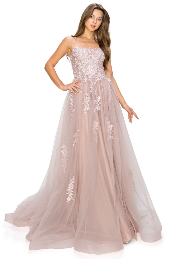 Gorgeous A-Line Square Spaghetti Straps Sleeveless Appliques Formal Prom Dresses Dress Criss Cross Straps High Side Slit Evening Party Gown Wedding Guest Dress