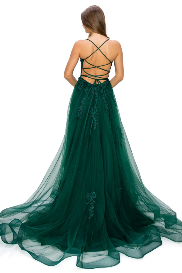 Gorgeous A-Line Square Spaghetti Straps Sleeveless Appliques Formal Prom Dresses Dress Criss Cross Straps High Side Slit Evening Party Gown Wedding Guest Dress
