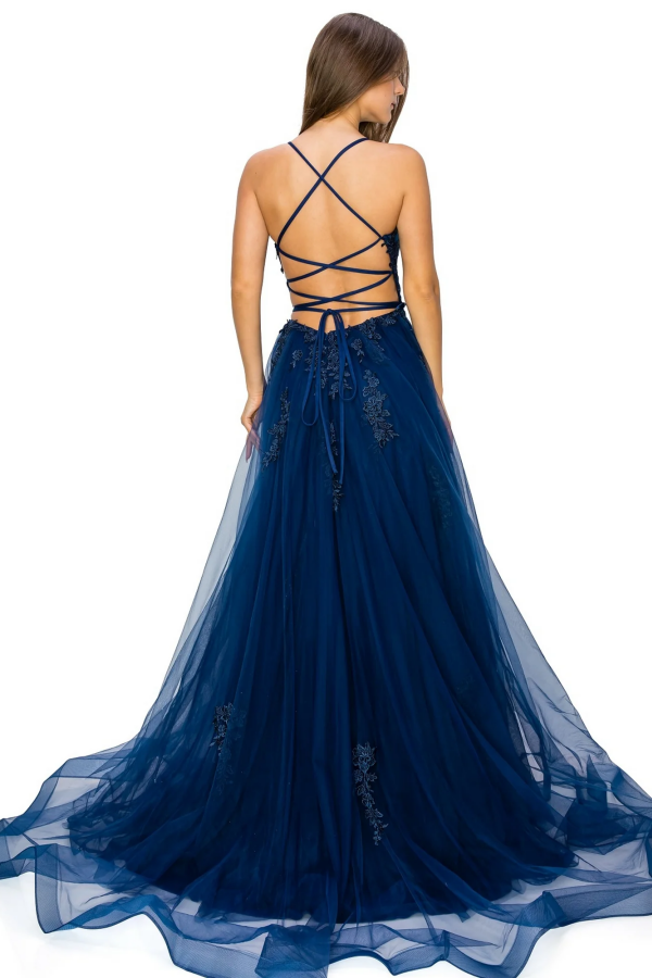 Gorgeous A-Line Square Spaghetti Straps Sleeveless Appliques Formal Prom Dresses Dress Criss Cross Straps High Side Slit Evening Party Gown Wedding Guest Dress