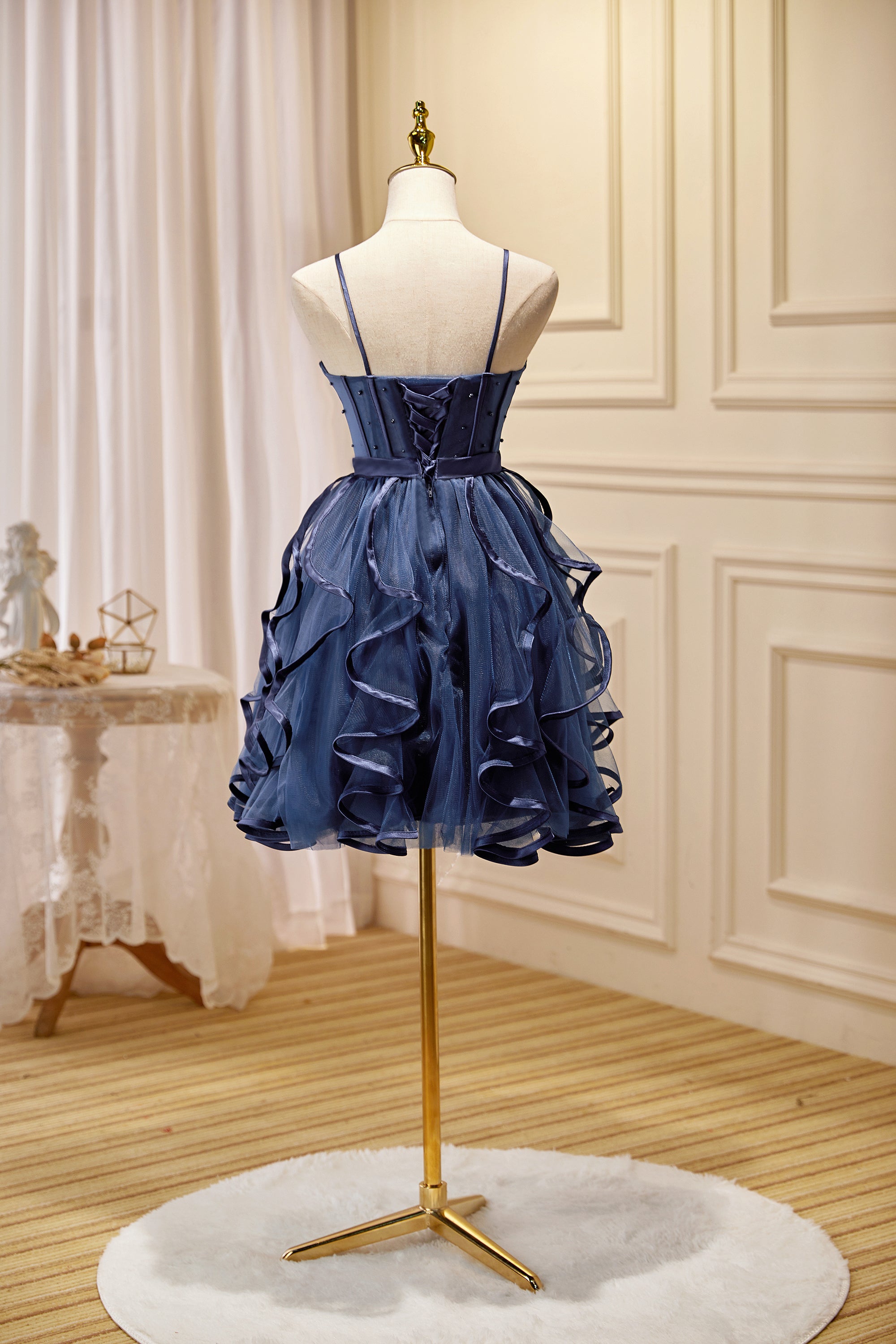 Navy Blue Spaghetti Straps Ball Gown Tulle Short/Mini Homecoming Dresses