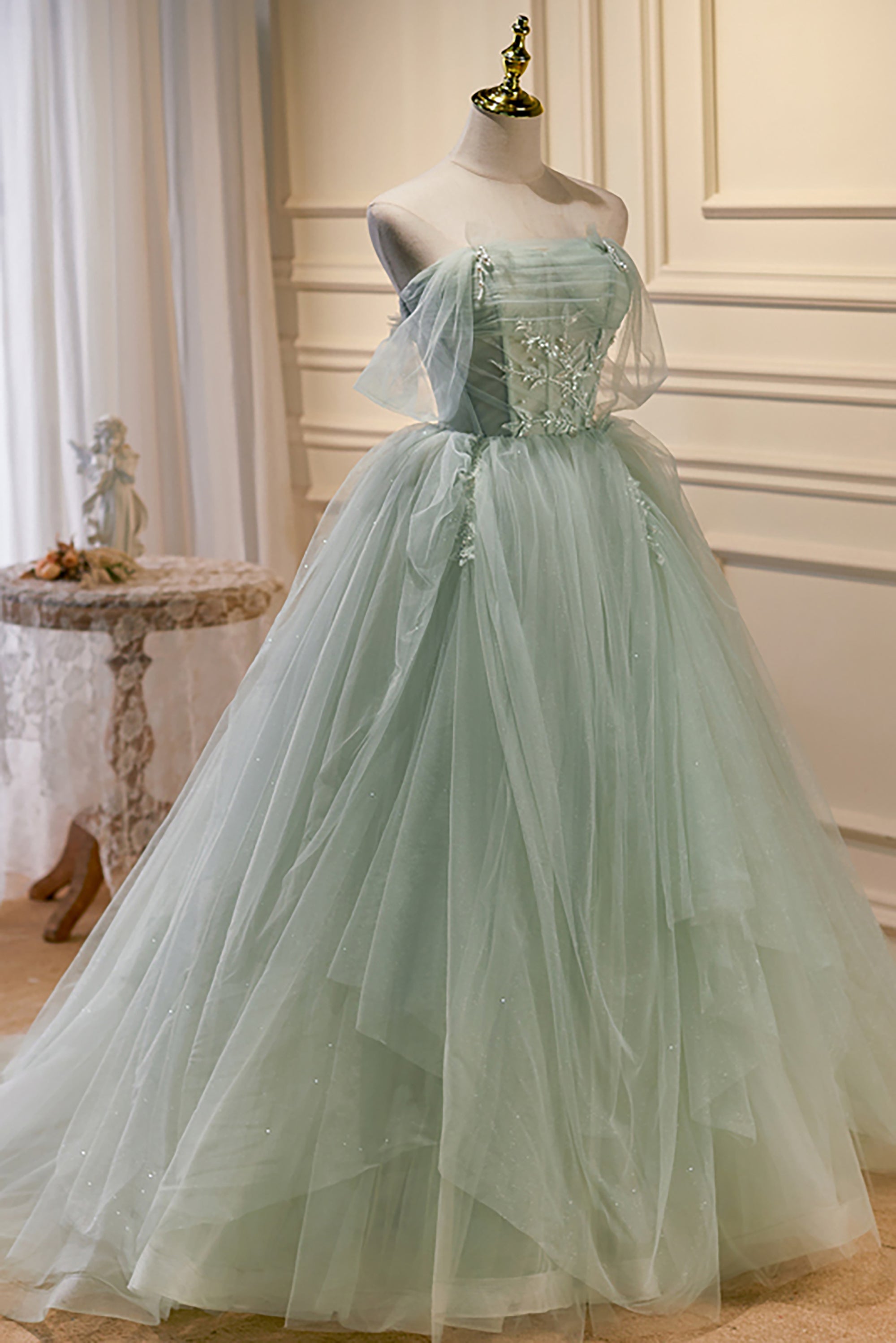 Elegant Green Strapless Evening Gown Off The Shoulder Tulle Prom Dresses