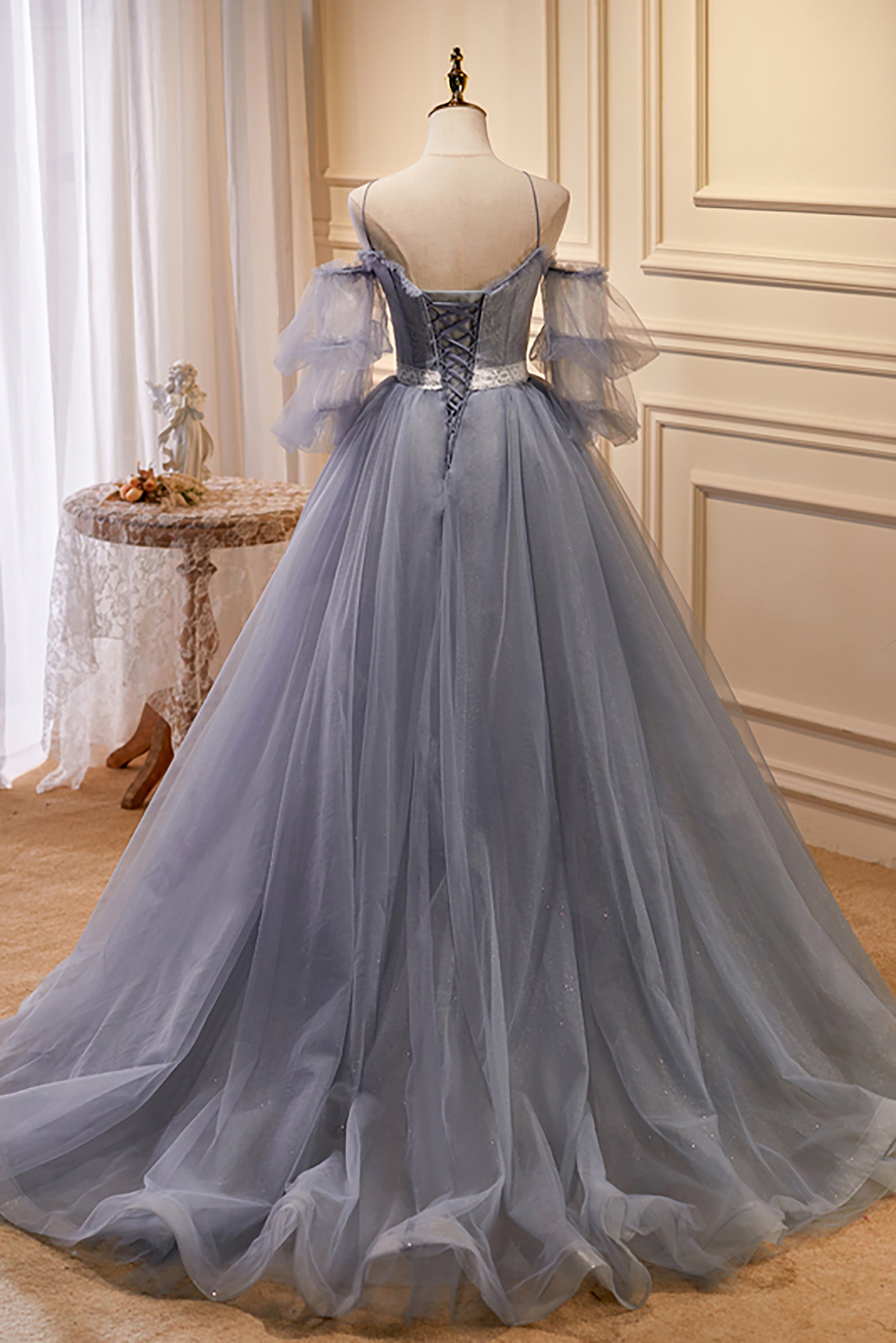 Chic Grey with Sleeves A Line Tulle Ball Gown Prom Dresses