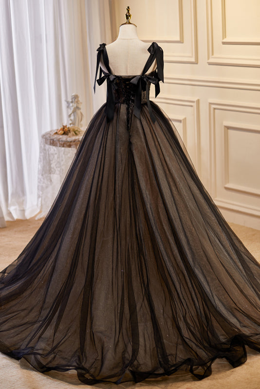 Black Sleeveless Ball Gown Tulle Long Prom Dresses