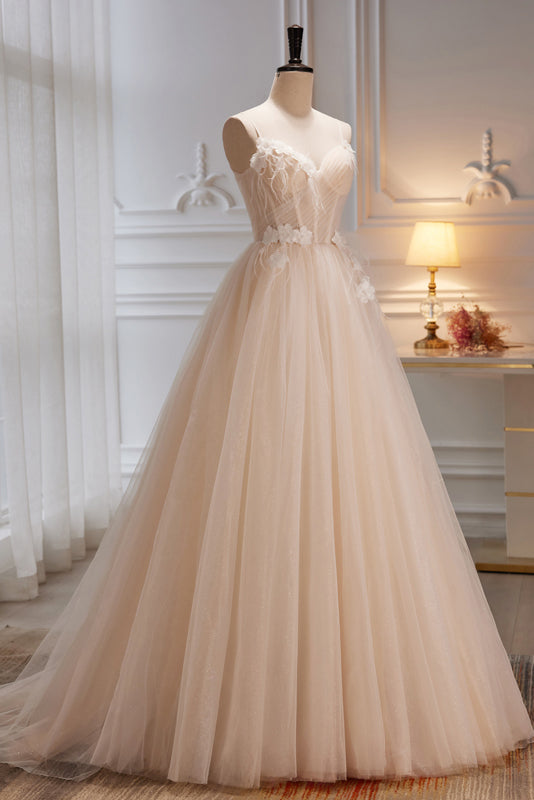 Charming Spaghetti Straps Sleeveless Evening Dress A Line Tulle Long Prom Gown