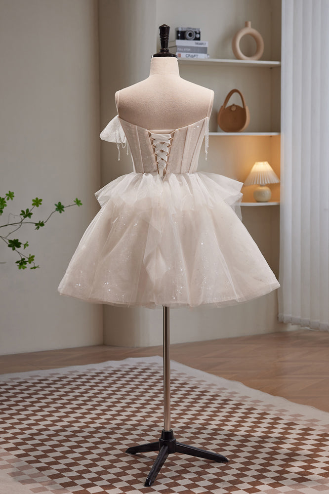 Stunning Ivory Spaghetti Straps Beading Tulle Short Homecoming Dresses