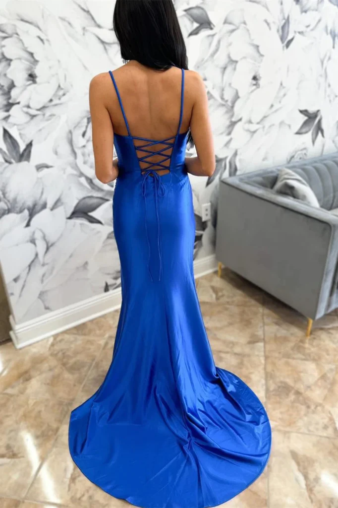 Royal Blue Mermaid Straps Long Prom Dress With High Slit