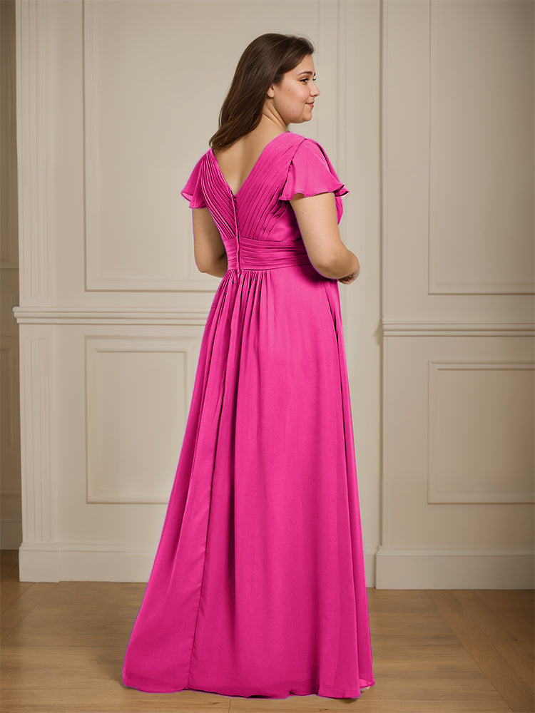 Short Sleeves Chiffon A-line V Neck Long Plus Size Bridesmaid Dresses