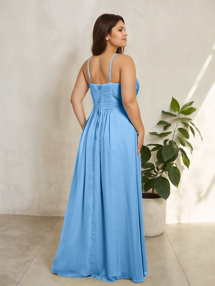 Spaghetti Straps Floor Length Plus Size V-neck Bridesmaid Dresses with Slit