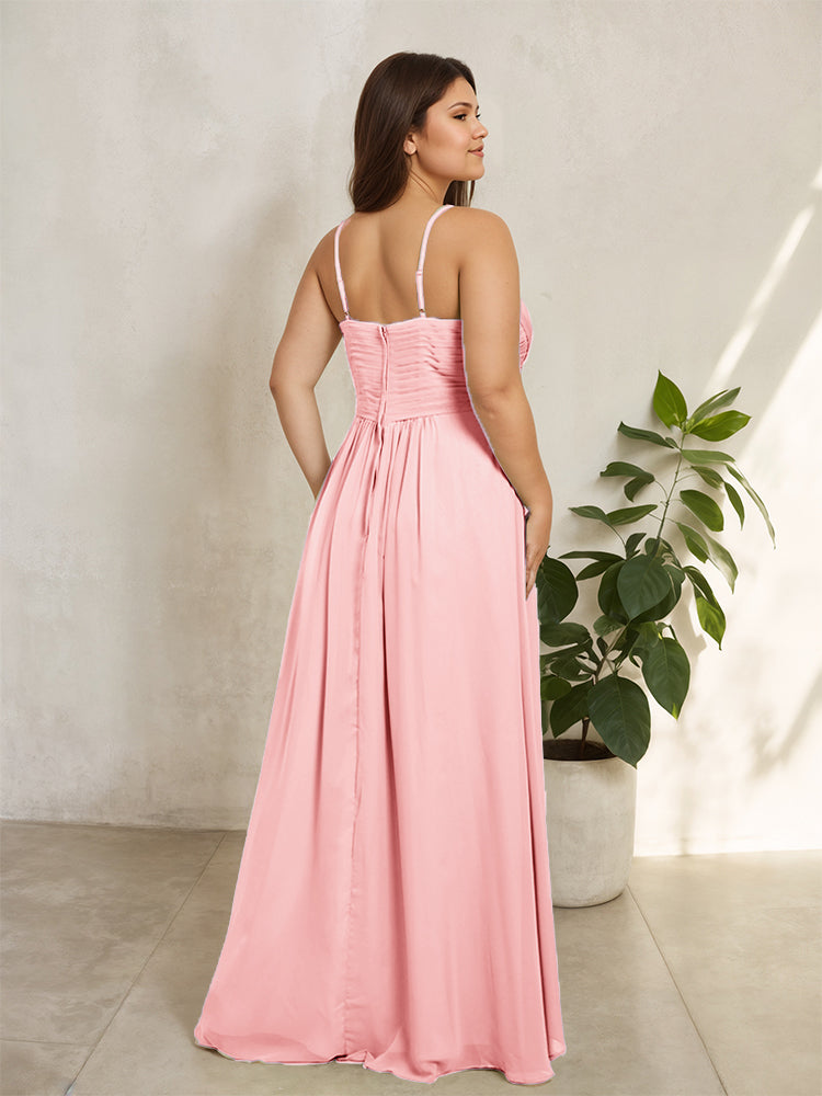 Spaghetti Straps Floor Length Plus Size V-neck Bridesmaid Dresses with Slit