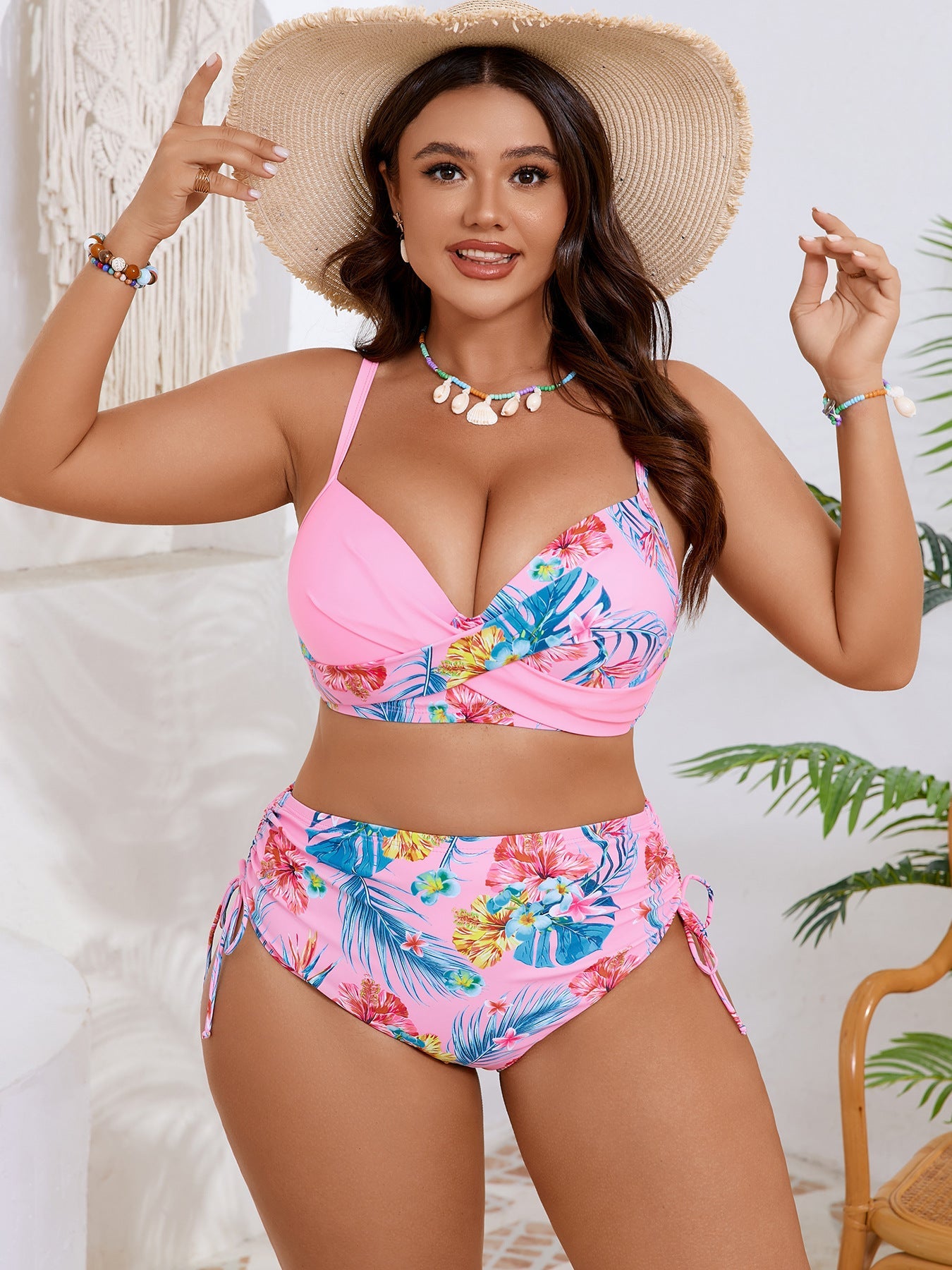 Floral Twist-Front High-Waist Plus Size Bikini Set - color-03