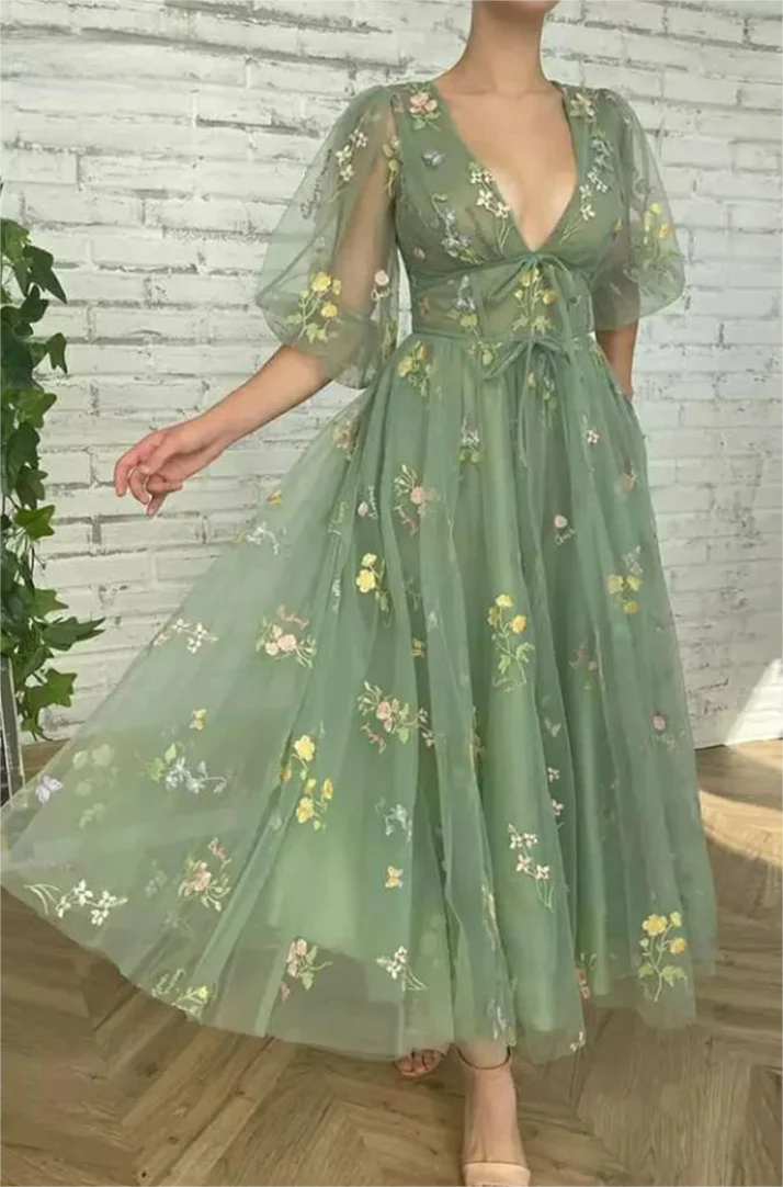 Flowy Green V-Neck Floral Lace Tea Length Prom Dress