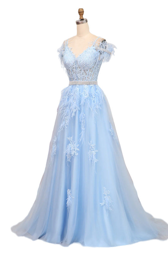 Charming Off The Shoulder Blue Lace Appliques Long Prom Dress