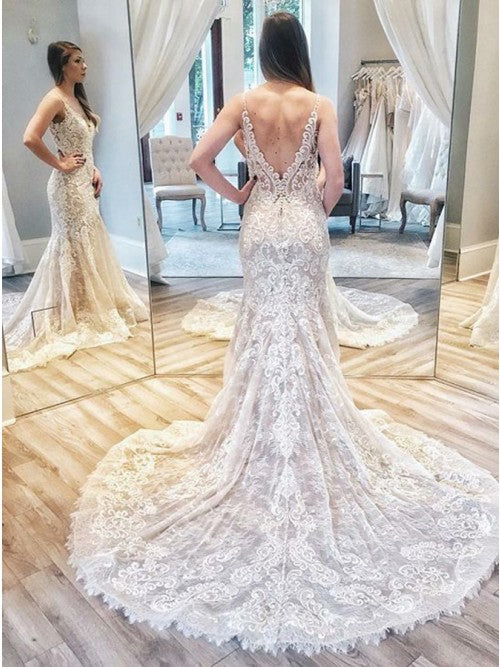 Charming Spaghetti Straps V Back Lace Sheath Wedding Dresses