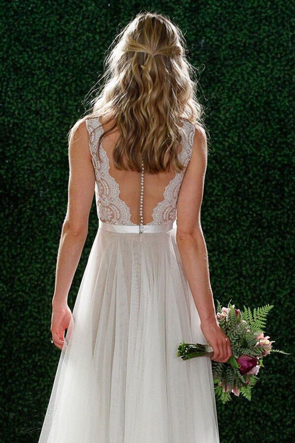 Elegant V Neck A Line Lace Wedding Dresses Long Bridal Gown