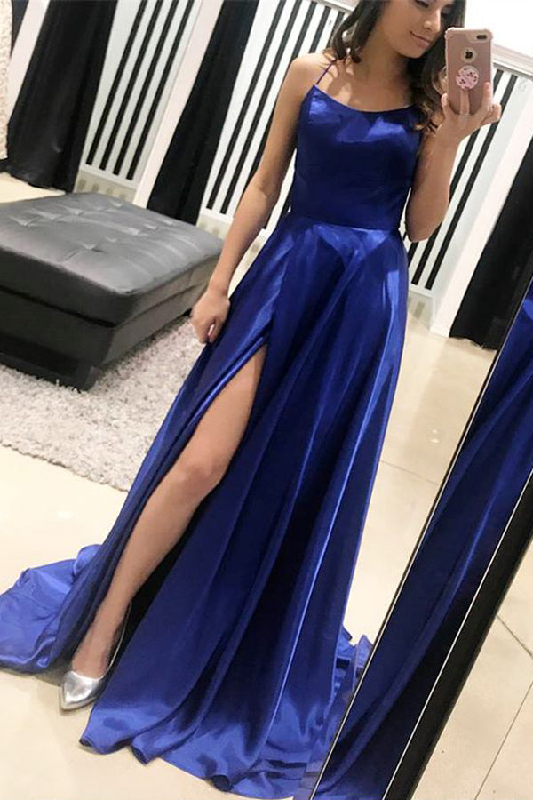 Royal Blue A Line Brush Train Sleeveless Backless Side Slit Prom Dress,Party Dress