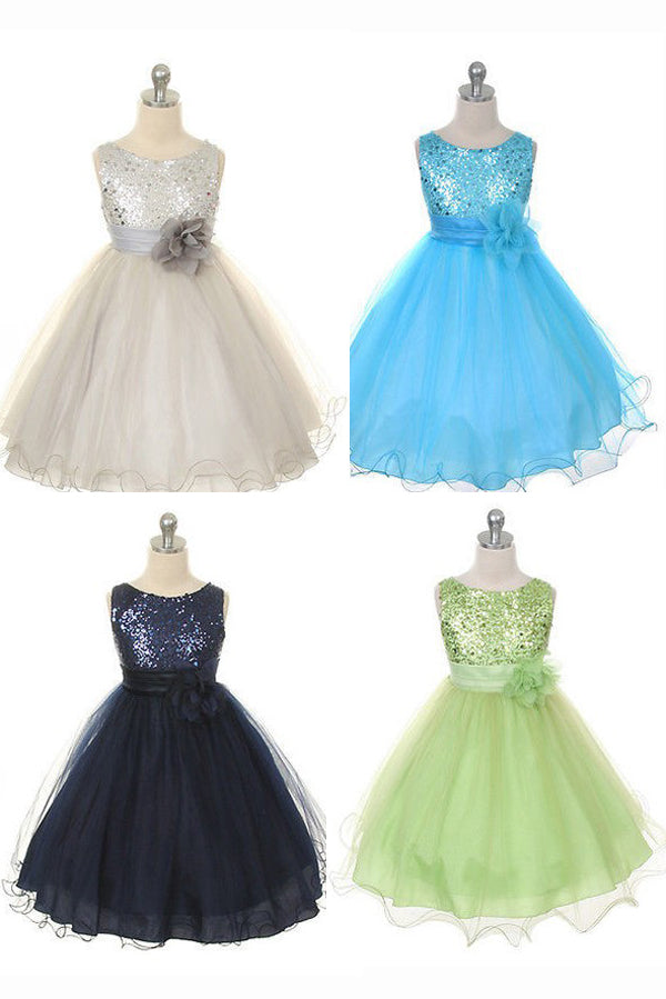 Blue A Line Floor Length Scoop Neck Sleeveless Sequins Flower Girl Dresses,Baby Dress F35 - Ombreprom