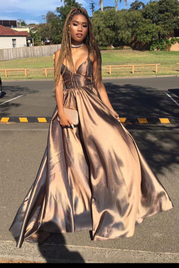 Gold A Line Floor Length Deep V Neck Sleeveless Open Back Prom Dress,Party Dress