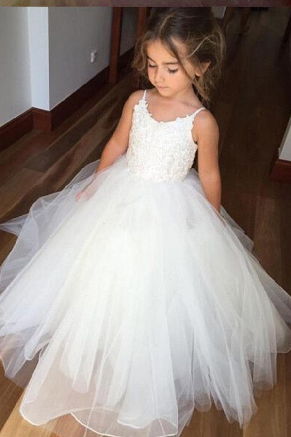 A Line Floor Length Spaghetti Sleeveless Appliques Flower Girl Dresses F28 - Ombreprom