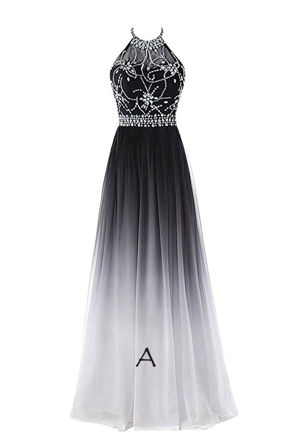 Ombre A Line Brush Train Halter Sleeveless Beading Chiffon Lace Up Prom Dress,Formal Dress