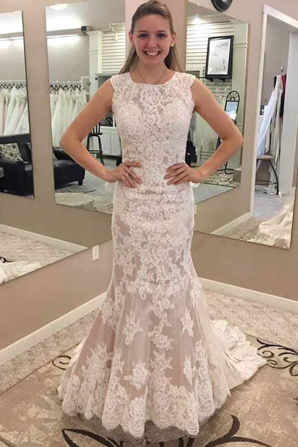 Mermaid Round Neck Sleeves Lace Appliques Sweep Train Wedding Dresses