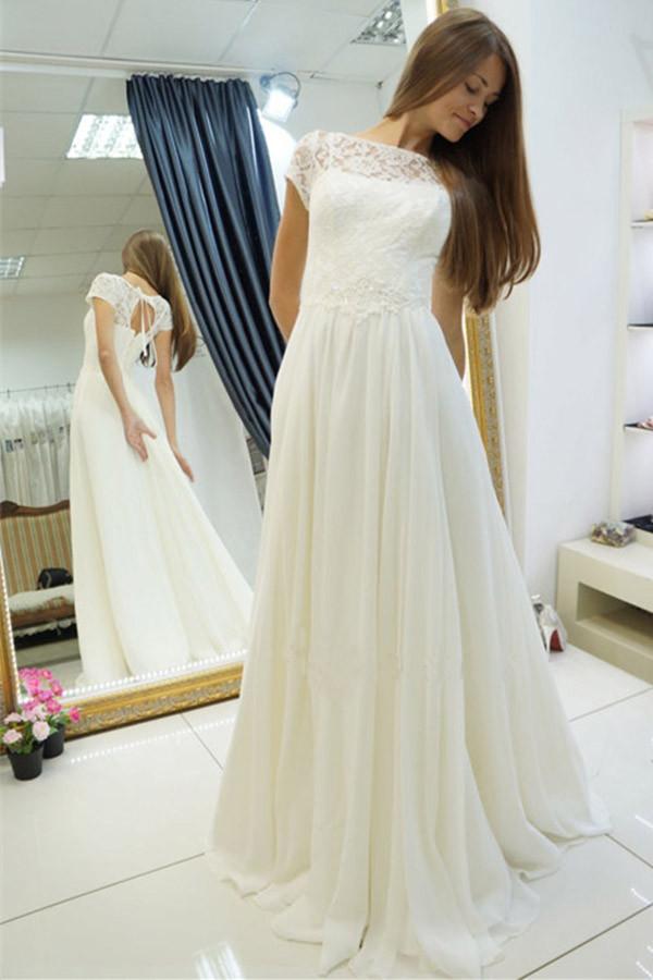 White A Line Sweep Train Sheer Neck Short Sleeve Cheap Wedding Gown,Beach Wedding Dress