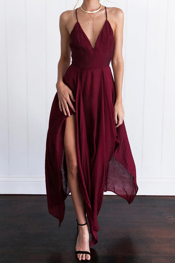 Burgundy  Asymmetrical A Line Deep V Neck Sleeveless Backless Side Slit Evening/Prom Dress P76 - Ombreprom