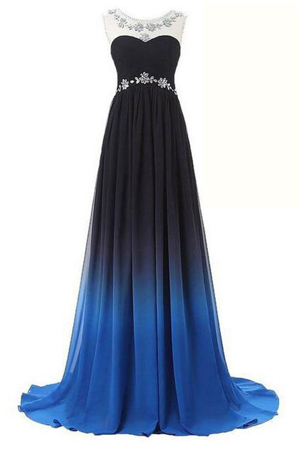 Ombre A Line Brush Train Sheer Neck Sleeveless Open Back Beading Prom Dress,Formal Dress