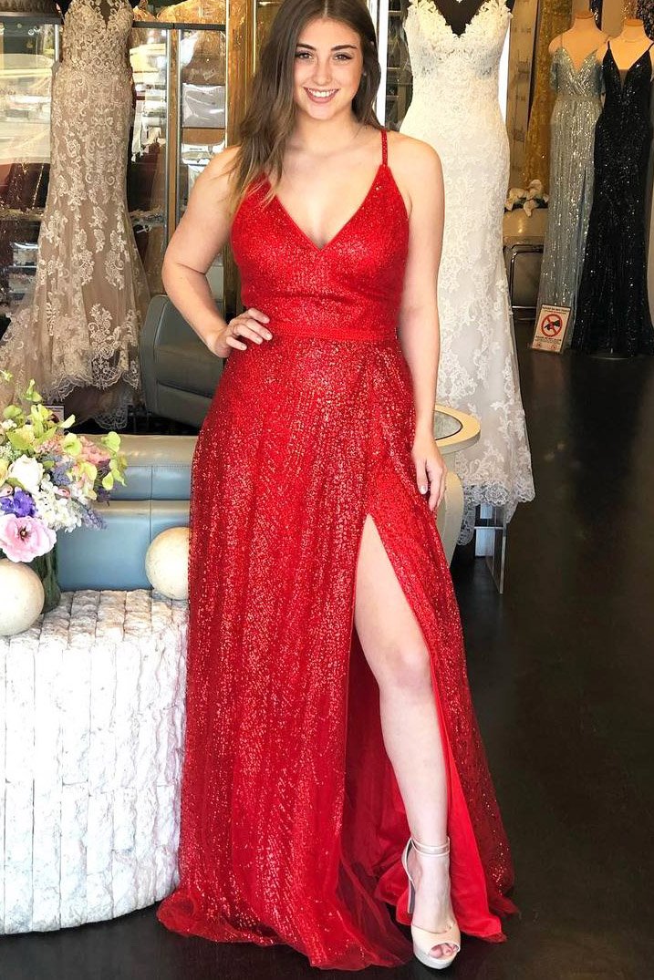 Sparkly Sleeveless Floor Length Red Prom Dresses with Split