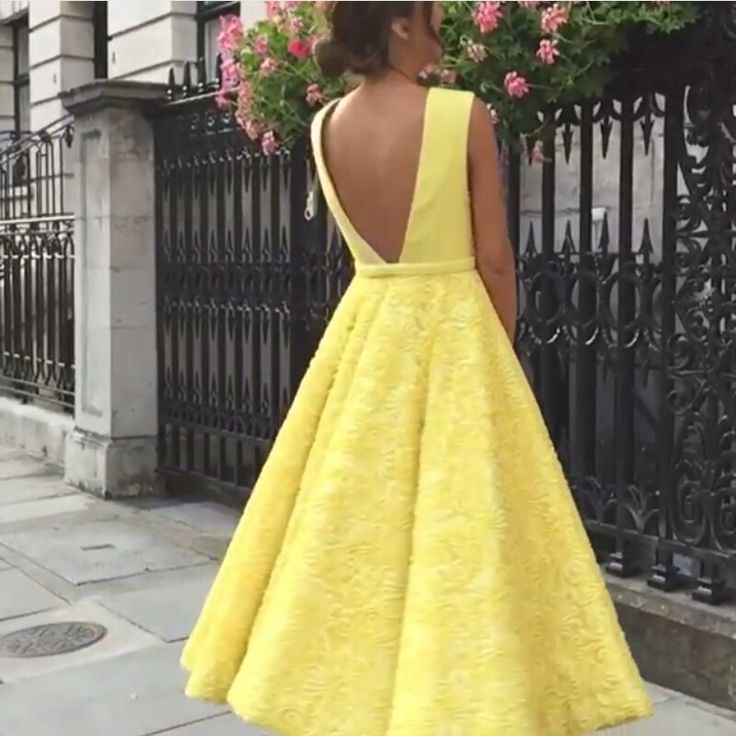 Deep V-neck Homecoming Dress, Cute Yellow Tea Length Lace Prom Dress