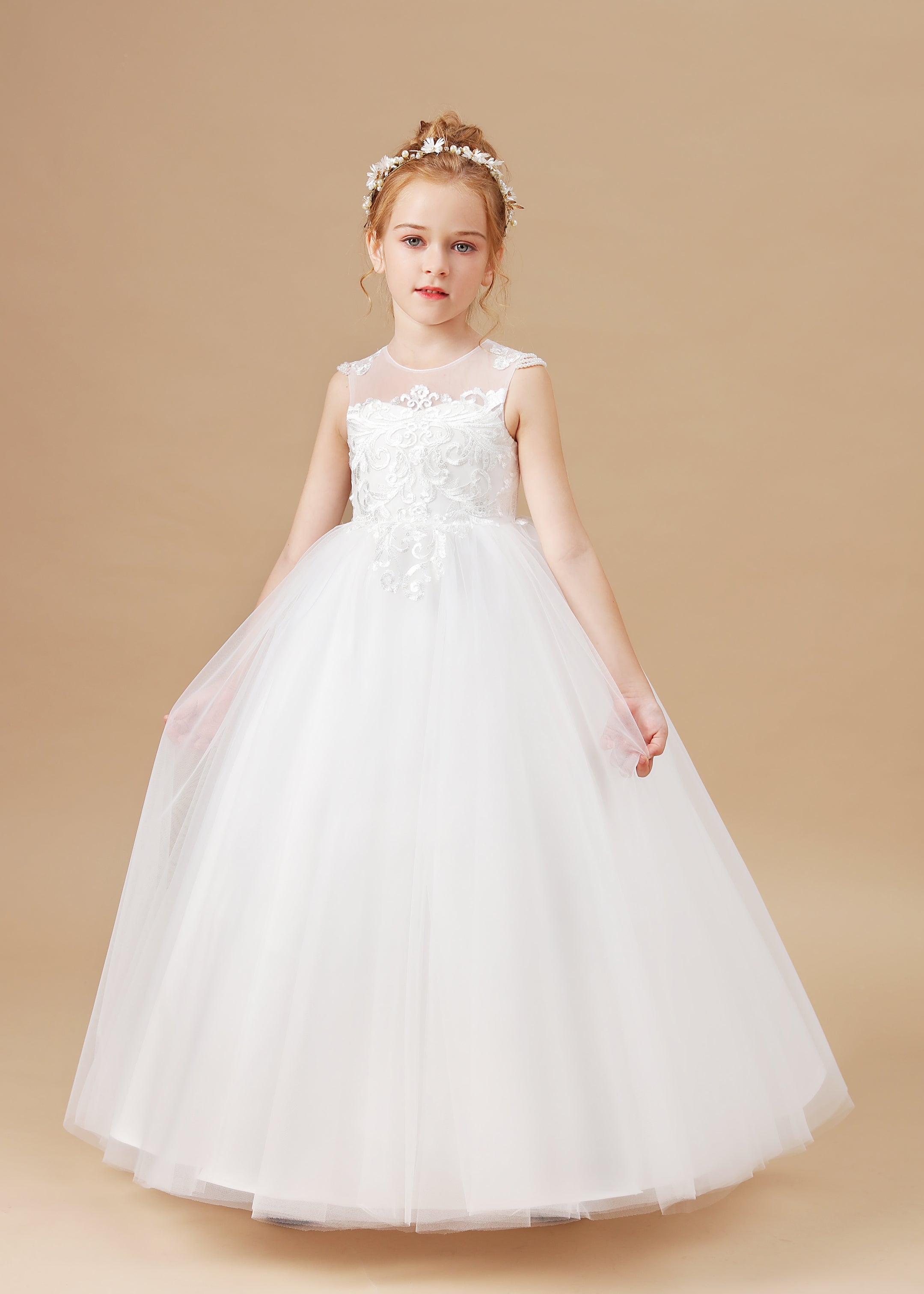 Ivory Cute Round Neck Tulle Flower Girl Dresses With Lace