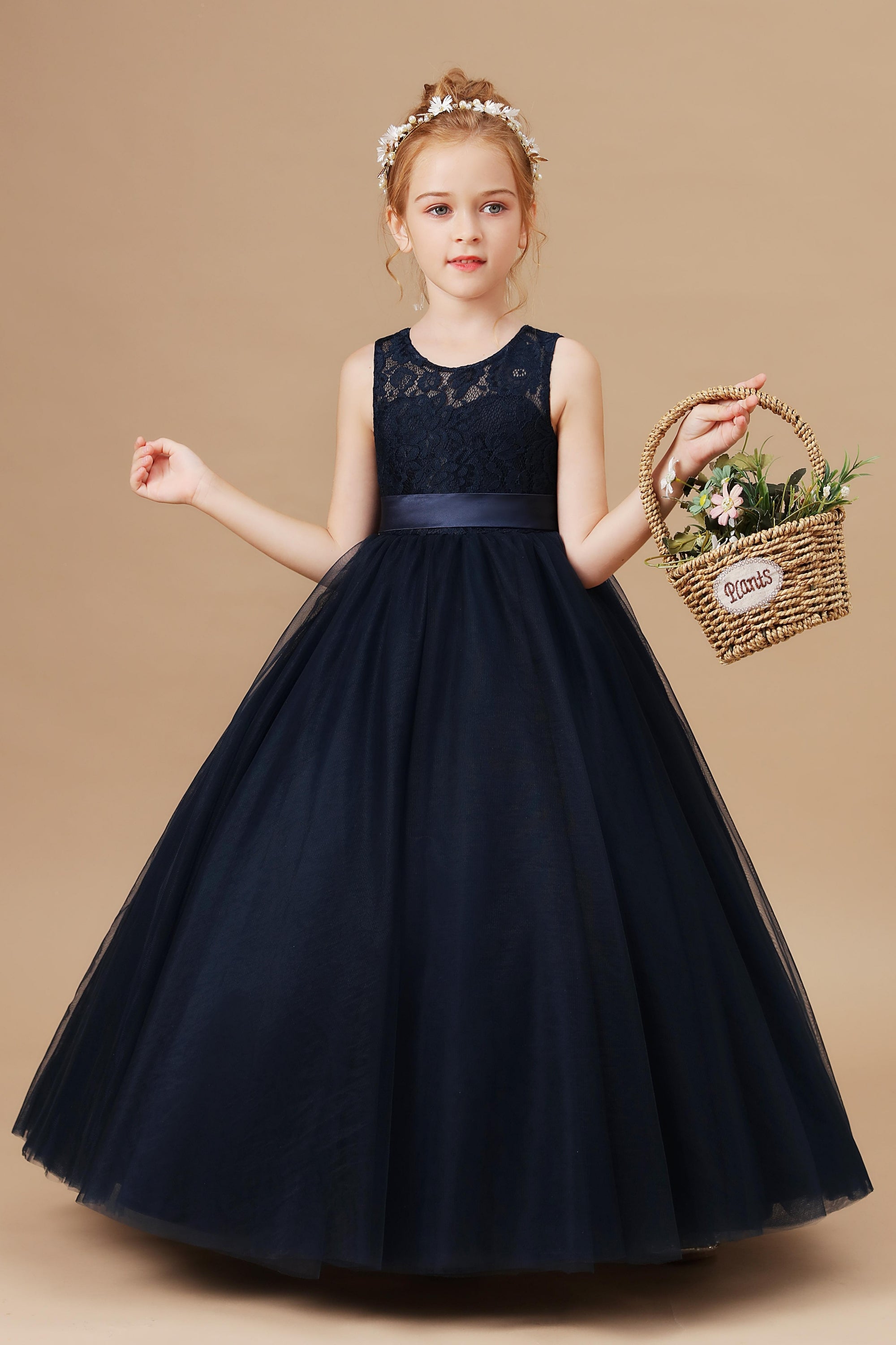 Pretty Sleeveless Stain-Sash Lace Tulle Flower Girl Dresses With Bownot