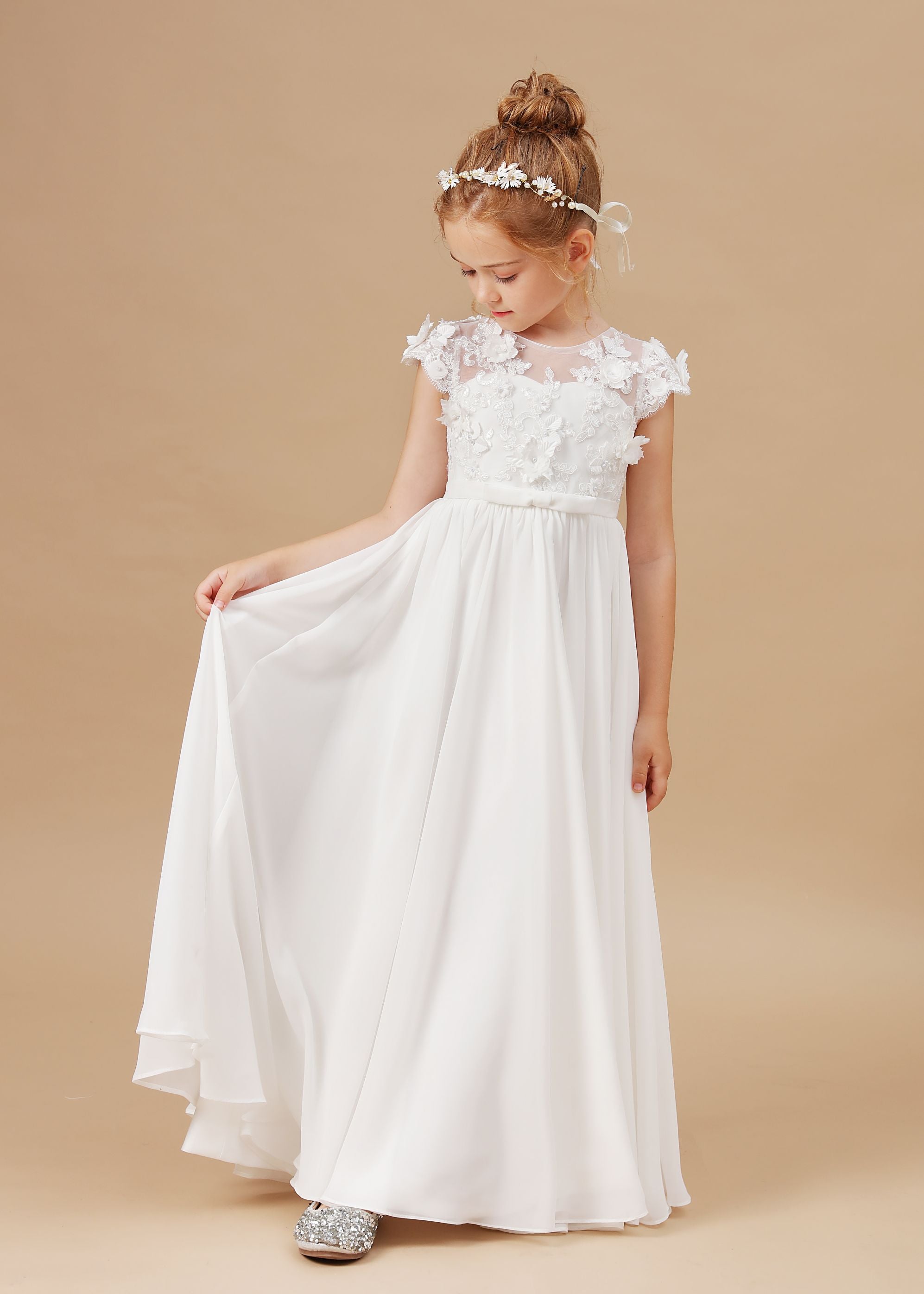 A-line Floor Length Ivory Chiffon Appliques Flower Girl Dresses