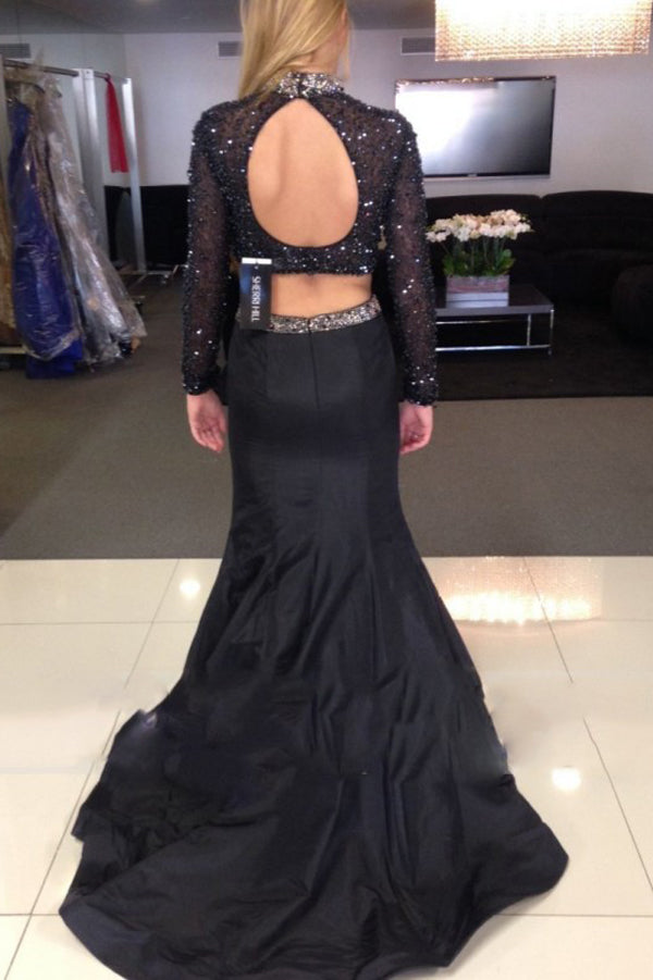 Black Two Piece Trumpet Sweep Train Long Sleeve Beading Prom Dress,Formal Dress P275 - Ombreprom