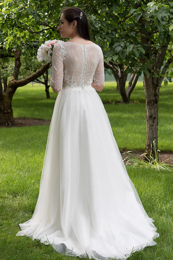 A Line Brush Train Half Sleeve Lace Beach Wedding Dresses