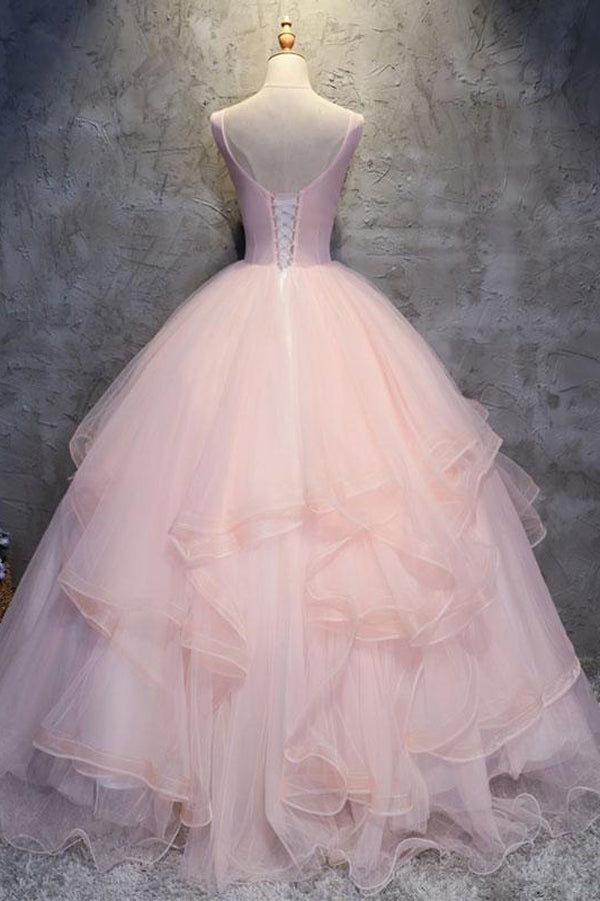 Pink Ball Gown Floor Length Sleeveless Layers Tulle Ruffles Floral Prom Dress,Party Dress P401 - Ombreprom