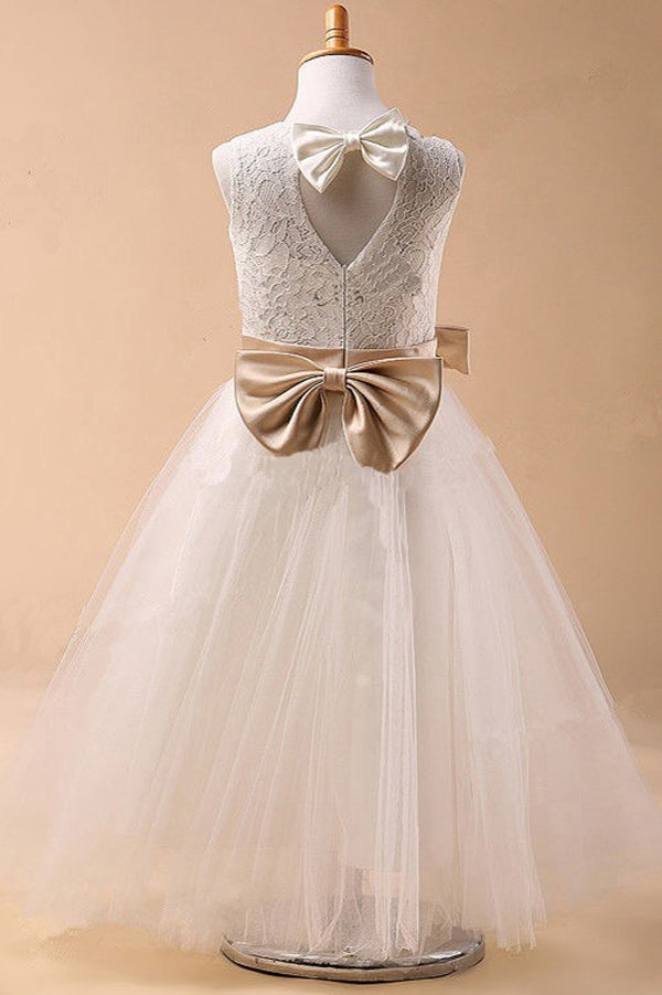 White A Line Floor Length Scoop Neck Sleeveless Bowknot Flower Girl Dresses,Baby Dresses