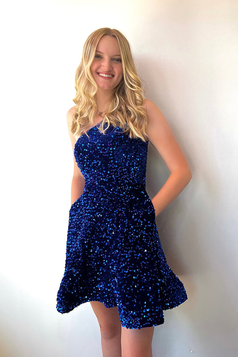 Cute Royal Blue One Shoulder A Line Sequins Short Homecoming Dresses with Pockets